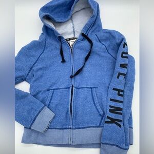 PINK Victoria's Secret Blue Zip Hoodie with Black Lettering Large